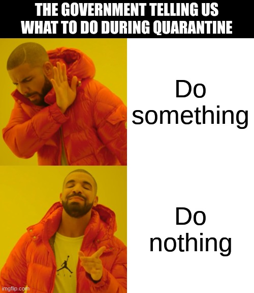 i'd rather stay active but its your choice | THE GOVERNMENT TELLING US WHAT TO DO DURING QUARANTINE; Do something; Do nothing | image tagged in memes,drake hotline bling | made w/ Imgflip meme maker