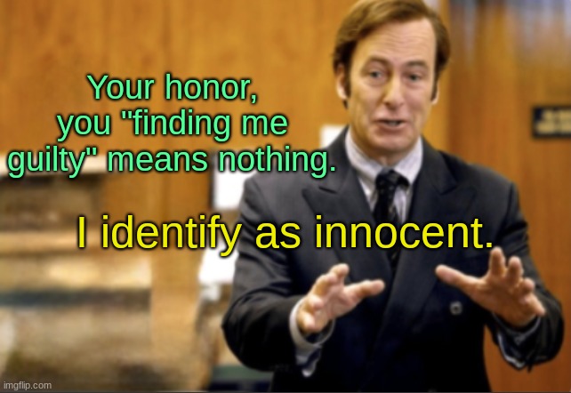 Saul Goodman defending | Your honor, you "finding me guilty" means nothing. I identify as innocent. | image tagged in saul goodman defending | made w/ Imgflip meme maker