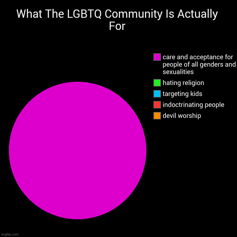 just sayin | What The LGBTQ Community Is Actually For | devil worship , indoctrinating people, targeting kids , hating religion, care and acceptance for  | image tagged in charts,pie charts,lgbtq,gay,pride | made w/ Imgflip chart maker
