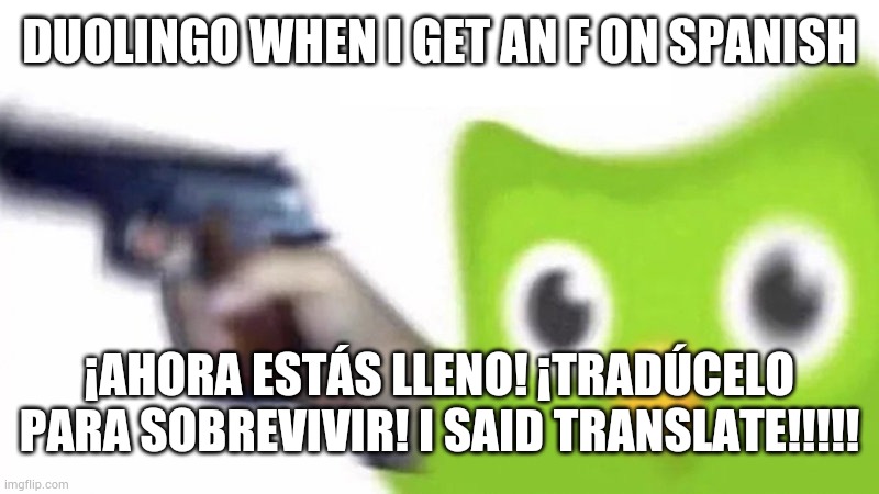 Oh f. Please help | DUOLINGO WHEN I GET AN F ON SPANISH; ¡AHORA ESTÁS LLENO! ¡TRADÚCELO PARA SOBREVIVIR! I SAID TRANSLATE!!!!! | image tagged in duolingo gun,im dead,i wanna be like iceu,never gonna give you up,memes,meme | made w/ Imgflip meme maker