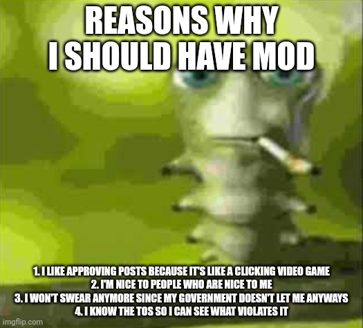 Probably won't get mod but I'll try | REASONS WHY I SHOULD HAVE MOD; 1. I LIKE APPROVING POSTS BECAUSE IT'S LIKE A CLICKING VIDEO GAME
2. I'M NICE TO PEOPLE WHO ARE NICE TO ME
3. I WON'T SWEAR ANYMORE SINCE MY GOVERNMENT DOESN'T LET ME ANYWAYS
4. I KNOW THE TOS SO I CAN SEE WHAT VIOLATES IT | image tagged in smoking caterpillar | made w/ Imgflip meme maker