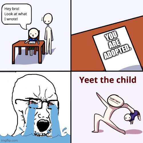 Yeet the child | YOU ARE ADOPTED. | image tagged in yeet the child | made w/ Imgflip meme maker