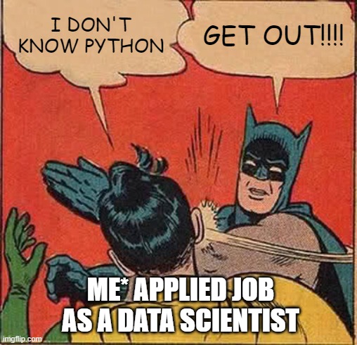 Batman Slapping Robin Meme | I DON'T KNOW PYTHON; GET OUT!!!! ME* APPLIED JOB AS A DATA SCIENTIST | image tagged in memes,batman slapping robin | made w/ Imgflip meme maker