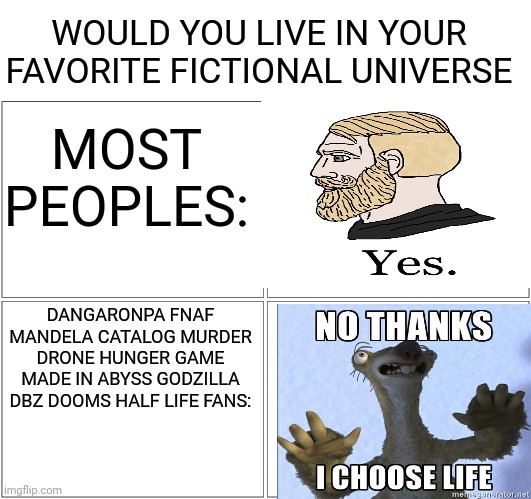 WOULD YOU LIVE IN YOUR FAVOURITE UNIVERSE | WOULD YOU LIVE IN YOUR FAVORITE FICTIONAL UNIVERSE; MOST PEOPLES:; DANGARONPA FNAF MANDELA CATALOG MURDER DRONE HUNGER GAME MADE IN ABYSS GODZILLA DBZ DOOMS HALF LIFE FANS: | image tagged in memes,blank comic panel 2x2,dangerous,universe | made w/ Imgflip meme maker