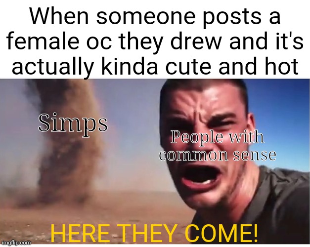 Here it come meme | When someone posts a female oc they drew and it's actually kinda cute and hot; Simps; People with common sense; HERE THEY COME! | image tagged in here it come meme | made w/ Imgflip meme maker