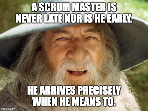 A Wizard Is Never Late | A SCRUM MASTER IS NEVER LATE NOR IS HE EARLY. HE ARRIVES PRECISELY WHEN HE MEANS TO. | image tagged in a wizard is never late | made w/ Imgflip meme maker