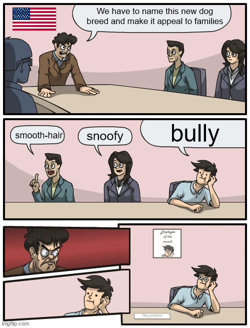 Why was this thought a good name? | We have to name this new dog breed and make it appeal to families; bully; smooth-hair; snoofy | image tagged in boardroom meeting unexpected ending,dog,breed,naming,oh wow are you actually reading these tags | made w/ Imgflip meme maker