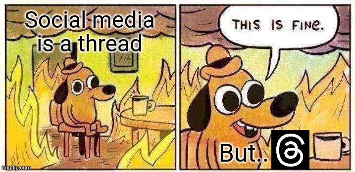 Threads | Social media is a thread; But.. | image tagged in memes,this is fine | made w/ Imgflip meme maker