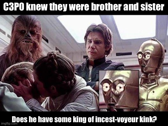 Why C3P0, why? | C3P0 knew they were brother and sister; Does he have some king of incest-voyeur kink? | image tagged in sister,brother,incest,c3po,luke skywalker,princess leia | made w/ Imgflip meme maker