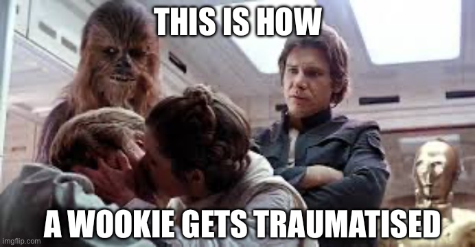 Chewbacca trauma | THIS IS HOW; A WOOKIE GETS TRAUMATISED | image tagged in luke and leia kissing,trauma,chewbacca,wookie | made w/ Imgflip meme maker