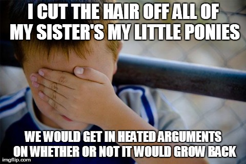 Confession Kid Meme | I CUT THE HAIR OFF ALL OF MY SISTER'S MY LITTLE PONIES WE WOULD GET IN HEATED ARGUMENTS ON WHETHER OR NOT IT WOULD GROW BACK | image tagged in memes,confession kid | made w/ Imgflip meme maker