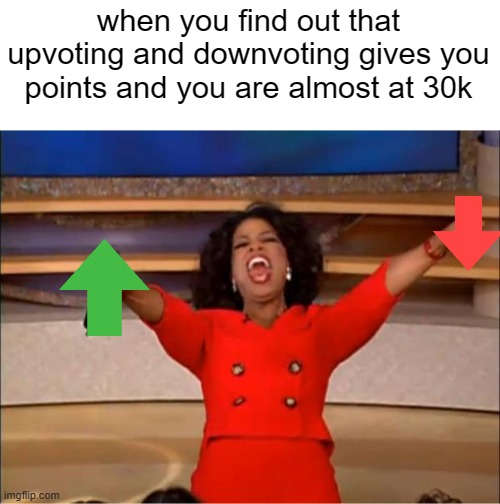 I can't wait for 30k | when you find out that upvoting and downvoting gives you points and you are almost at 30k | image tagged in memes,oprah you get a,funny,relatable,front page plz | made w/ Imgflip meme maker