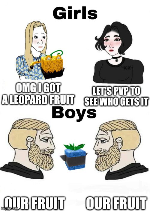 Girls vs Boys | OMG I GOT A LEOPARD FRUIT; LET'S PVP TO SEE WHO GETS IT; OUR FRUIT; OUR FRUIT | image tagged in girls vs boys | made w/ Imgflip meme maker