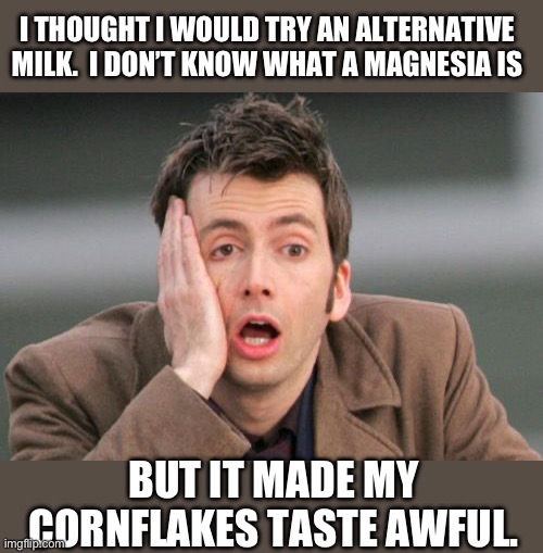 Milk | I THOUGHT I WOULD TRY AN ALTERNATIVE MILK.  I DON’T KNOW WHAT A MAGNESIA IS; BUT IT MADE MY CORNFLAKES TASTE AWFUL. | image tagged in face palm,dad joke | made w/ Imgflip meme maker