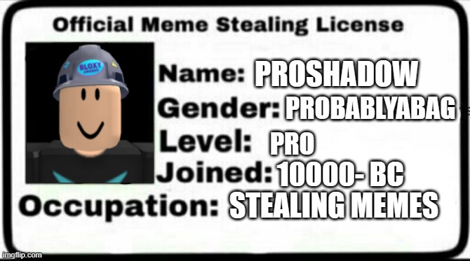 Meme Stealing License | PROSHADOW; PROBABLYABAG; PRO; 10000- BC; STEALING MEMES | image tagged in meme stealing license | made w/ Imgflip meme maker
