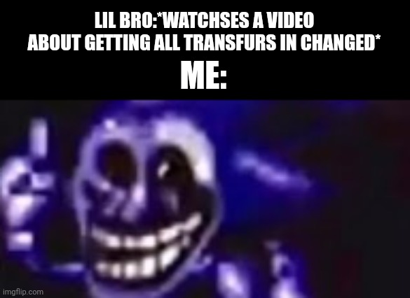 *slowy becomes creazy* | LIL BRO:*WATCHSES A VIDEO ABOUT GETTING ALL TRANSFURS IN CHANGED*; ME: | image tagged in trolling is infinite,changed,creazy,memes,oh no | made w/ Imgflip meme maker