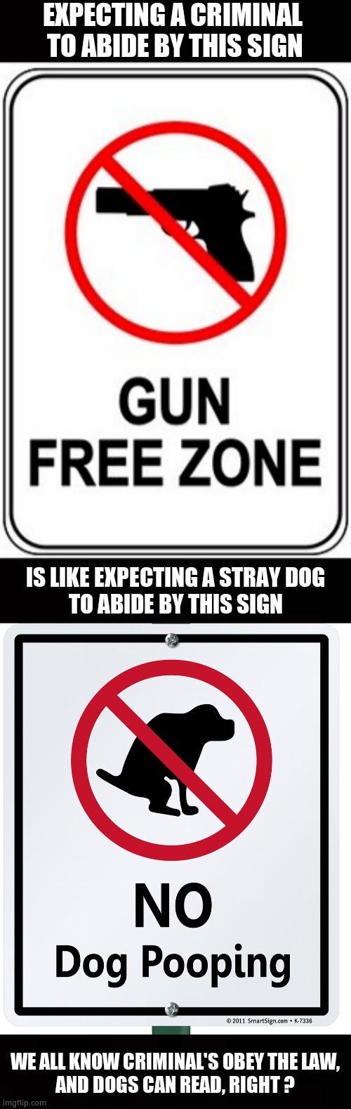 Gun free Zone | EXPECTING A CRIMINAL 
TO ABIDE BY THIS SIGN; IS LIKE EXPECTING A STRAY DOG
TO ABIDE BY THIS SIGN; WE ALL KNOW CRIMINAL'S OBEY THE LAW,
AND DOGS CAN READ, RIGHT ? | image tagged in memes,guns,mental illness,democrats,gun free zone,political meme | made w/ Imgflip meme maker