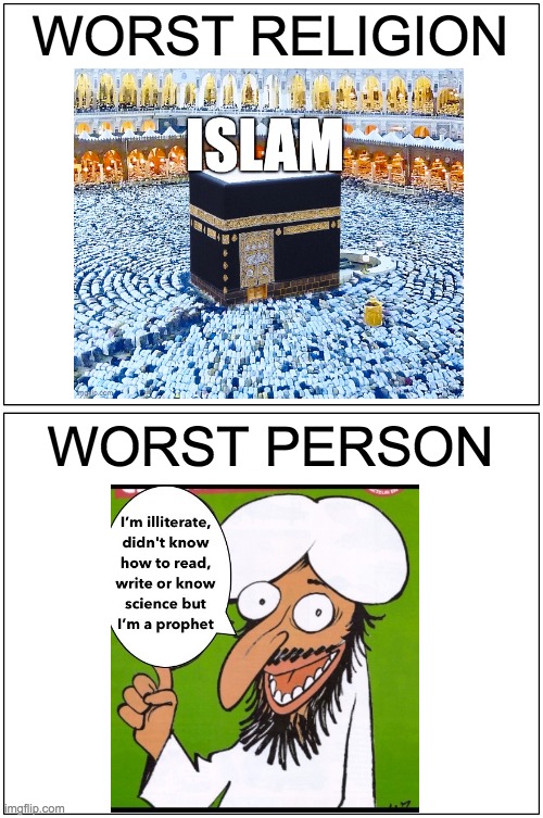 Blank Comic Panel 1x2 Meme | WORST RELIGION; WORST PERSON | image tagged in memes,blank comic panel 1x2 | made w/ Imgflip meme maker