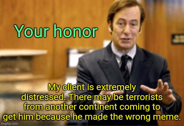 . | Your honor; My client is extremely distressed. There may be terrorists from another continent coming to get him because he made the wrong meme. | image tagged in saul goodman defending | made w/ Imgflip meme maker