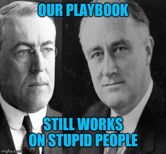 WW and FDR | OUR PLAYBOOK STILL WORKS ON STUPID PEOPLE | image tagged in ww and fdr | made w/ Imgflip meme maker