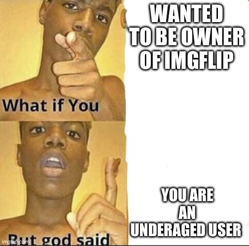 Really? | WANTED TO BE OWNER OF IMGFLIP; YOU ARE AN UNDERAGED USER | image tagged in what if you-but god said,memes,imgflip | made w/ Imgflip meme maker