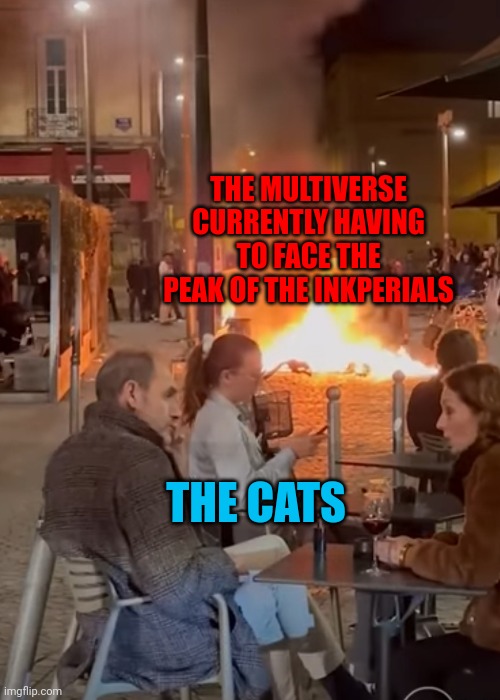 Don't worry. Everyone will be effected by the Inkperials | THE MULTIVERSE CURRENTLY HAVING TO FACE THE PEAK OF THE INKPERIALS; THE CATS | image tagged in french couple dining behind riots | made w/ Imgflip meme maker