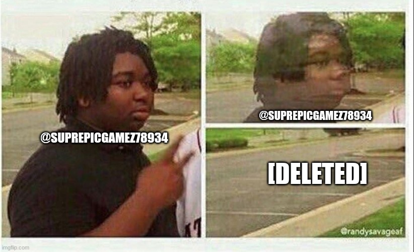 fake username i invented | @SUPREPICGAMEZ78934; @SUPREPICGAMEZ78934; [DELETED] | image tagged in black guy disappearing | made w/ Imgflip meme maker