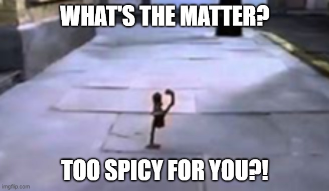 Too spicy for you? | WHAT'S THE MATTER? TOO SPICY FOR YOU?! | image tagged in spicy | made w/ Imgflip meme maker