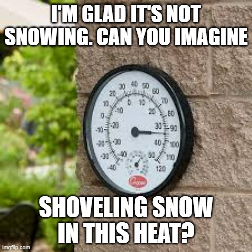 meme by Brad shoveling snow in the heat | I'M GLAD IT'S NOT SNOWING. CAN YOU IMAGINE; SHOVELING SNOW IN THIS HEAT? | image tagged in weather | made w/ Imgflip meme maker