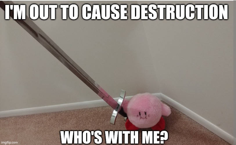 Who will join kirby? | I'M OUT TO CAUSE DESTRUCTION; WHO'S WITH ME? | image tagged in kirby,funny,cute | made w/ Imgflip meme maker