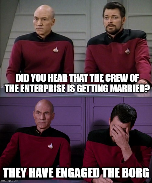 The Puntier | DID YOU HEAR THAT THE CREW OF THE ENTERPRISE IS GETTING MARRIED? THEY HAVE ENGAGED THE BORG | image tagged in picard and riker corny joke | made w/ Imgflip meme maker