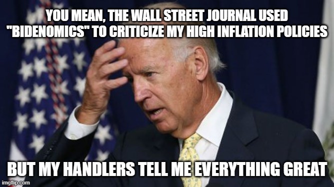Joe Biden worries | YOU MEAN, THE WALL STREET JOURNAL USED "BIDENOMICS" TO CRITICIZE MY HIGH INFLATION POLICIES; BUT MY HANDLERS TELL ME EVERYTHING GREAT | image tagged in joe biden worries | made w/ Imgflip meme maker