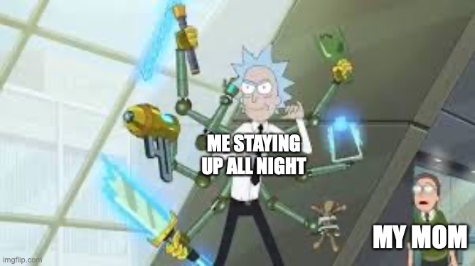 Mom! | ME STAYING UP ALL NIGHT; MY MOM | image tagged in rick using weapons | made w/ Imgflip meme maker