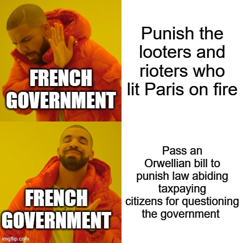 Drake Hotline Bling | Punish the looters and rioters who lit Paris on fire; FRENCH GOVERNMENT; Pass an Orwellian bill to punish law abiding taxpaying citizens for questioning the government; FRENCH GOVERNMENT | image tagged in memes,drake hotline bling | made w/ Imgflip meme maker