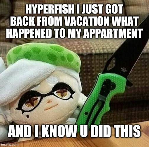 Turns out me and kow were in the same appartment | HYPERFISH I JUST GOT BACK FROM VACATION WHAT HAPPENED TO MY APPARTMENT; AND I KNOW U DID THIS | image tagged in marie plush with a knife,memes,splatoon | made w/ Imgflip meme maker