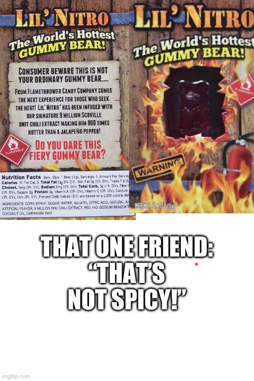 Oh please | THAT ONE FRIEND:
“THAT’S NOT SPICY!” | image tagged in gummy bears,spicy | made w/ Imgflip meme maker