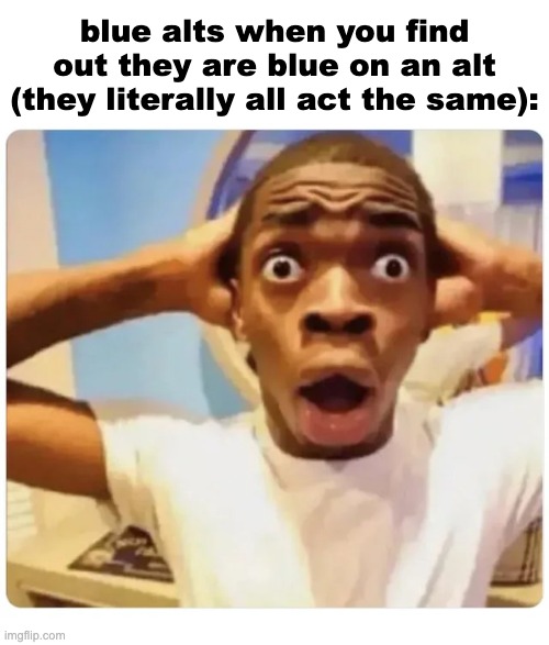 currently i am dealing with one called "themaniacisinthemailbox" or something, and she's PISSED lmao | blue alts when you find out they are blue on an alt (they literally all act the same): | image tagged in black guy suprised | made w/ Imgflip meme maker