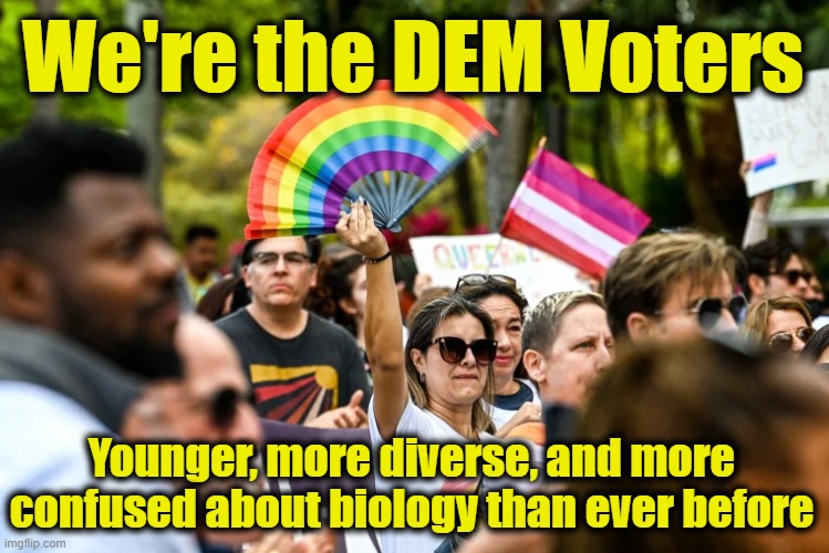 Democratic Party Voters | We're the DEM Voters; Younger, more diverse, and more confused about biology than ever before | image tagged in democrats,democratic party,lgbtq,dazed and confused,gay pride,democratic socialism | made w/ Imgflip meme maker