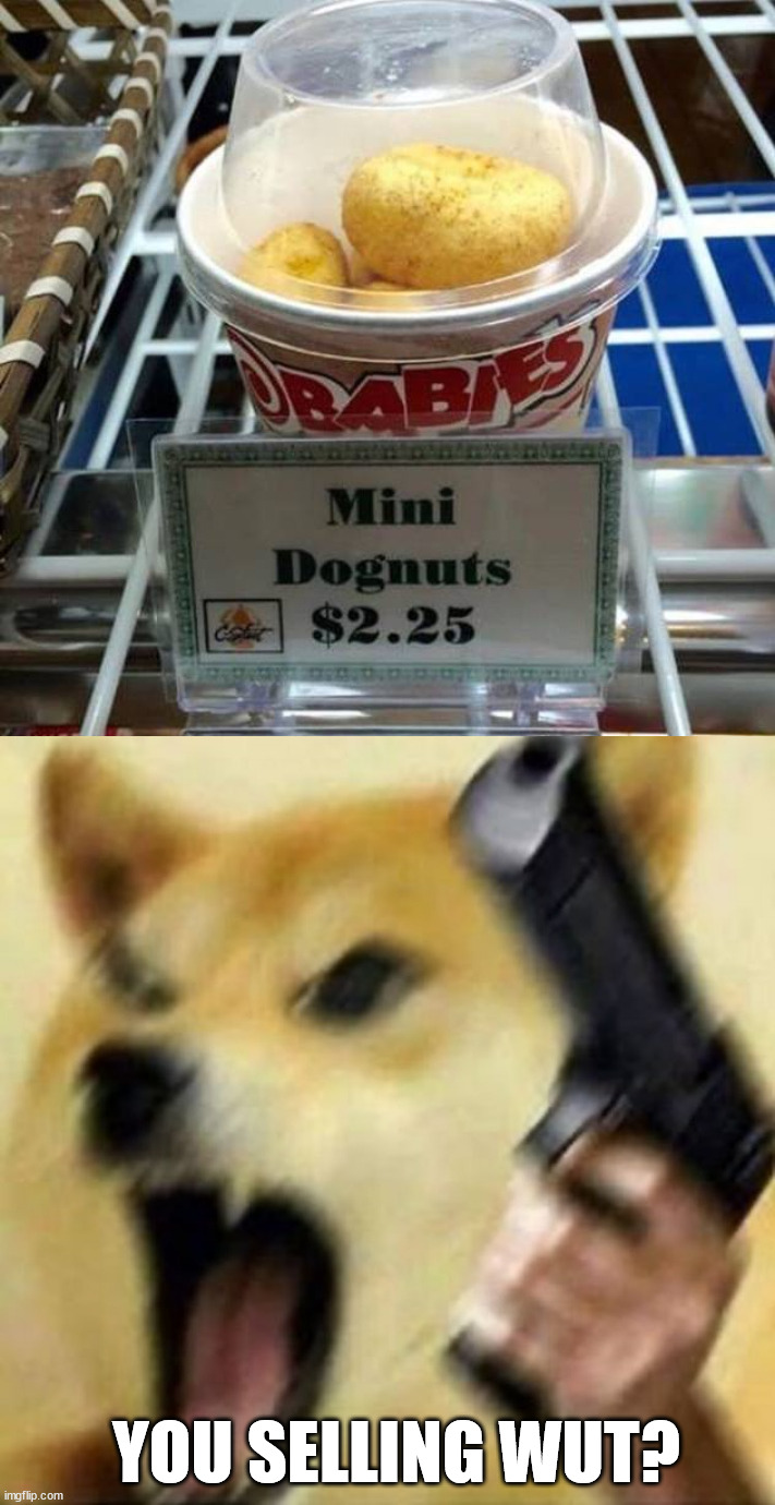 YOU SELLING WUT? | image tagged in angry doge with gun,you had one job | made w/ Imgflip meme maker
