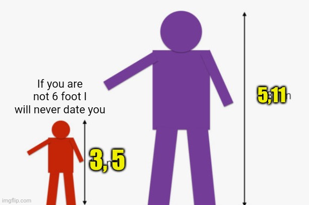 Meme #2,406 | If you are not 6 foot I will never date you; 5,11; 3, 5 | image tagged in memes,true,tall,6 foot,girls,dating | made w/ Imgflip meme maker
