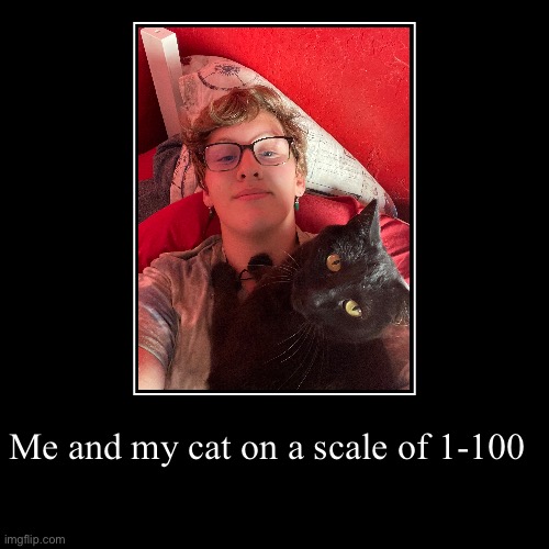Me and my cat on a scale of 1-100 | | image tagged in funny,demotivationals | made w/ Imgflip demotivational maker