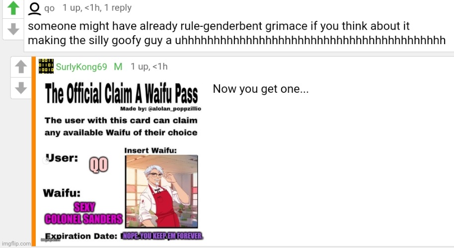 Now QO gers a terrible waifu... | image tagged in oh yeah oh no,stop it get some help,official claim a waifu pass | made w/ Imgflip meme maker
