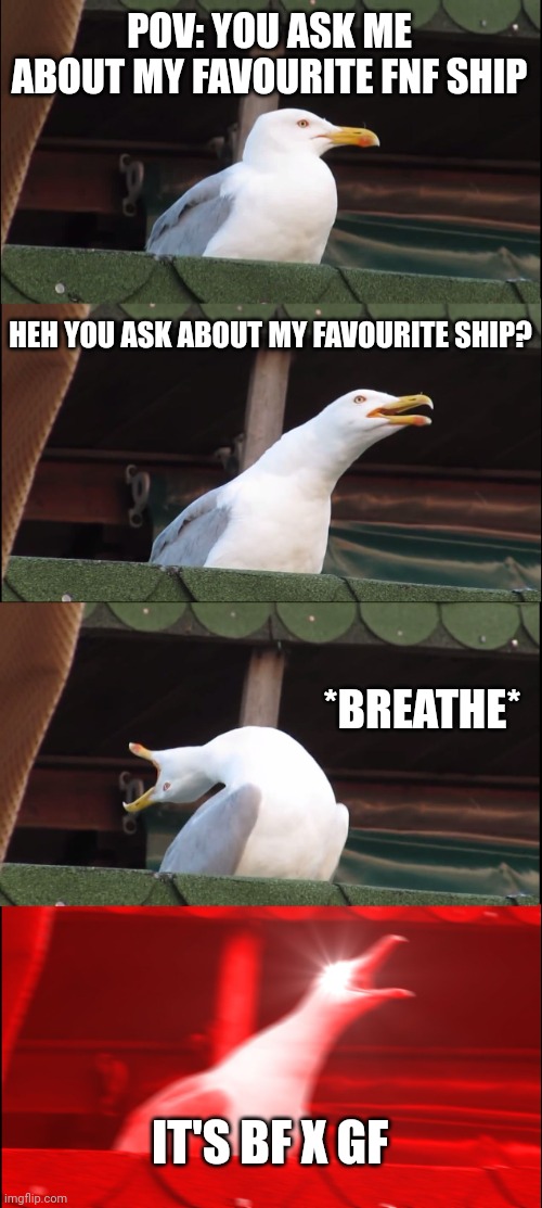 Pov: You Ask About My Favourite Ship | POV: YOU ASK ME ABOUT MY FAVOURITE FNF SHIP; HEH YOU ASK ABOUT MY FAVOURITE SHIP? *BREATHE*; IT'S BF X GF | image tagged in memes,inhaling seagull | made w/ Imgflip meme maker