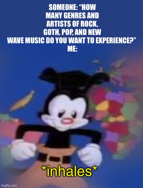 without music i am nothing | SOMEONE: “HOW MANY GENRES AND ARTISTS OF ROCK, GOTH, POP, AND NEW WAVE MUSIC DO YOU WANT TO EXPERIENCE?” 
ME:; *inhales* | image tagged in yakko | made w/ Imgflip meme maker