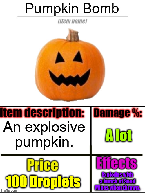 Item-shop extended | Pumpkin Bomb; An explosive pumpkin. A lot; 100 Droplets; Explodes with a bunch of Seed Mines when thrown. | image tagged in item-shop extended | made w/ Imgflip meme maker