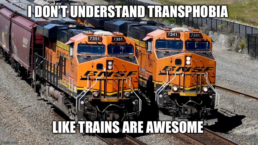 I love trains | I DON’T UNDERSTAND TRANSPHOBIA; LIKE TRAINS ARE AWESOME | image tagged in trains | made w/ Imgflip meme maker