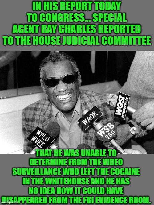 Real stories of the FBI | IN HIS REPORT TODAY TO CONGRESS... SPECIAL AGENT RAY CHARLES REPORTED TO THE HOUSE JUDICIAL COMMITTEE; THAT HE WAS UNABLE TO DETERMINE FROM THE VIDEO SURVEILLANCE WHO LEFT THE COCAINE IN THE WHITEHOUSE AND HE HAS NO IDEA HOW IT COULD HAVE DISAPPEARED FROM THE FBI EVIDENCE ROOM. | image tagged in doj | made w/ Imgflip meme maker