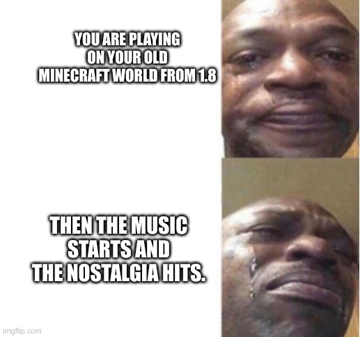 I was playing bootleg minecraft in class and then the music started playing | YOU ARE PLAYING ON YOUR OLD MINECRAFT WORLD FROM 1.8; THEN THE MUSIC STARTS AND THE NOSTALGIA HITS. | image tagged in black guy crying | made w/ Imgflip meme maker