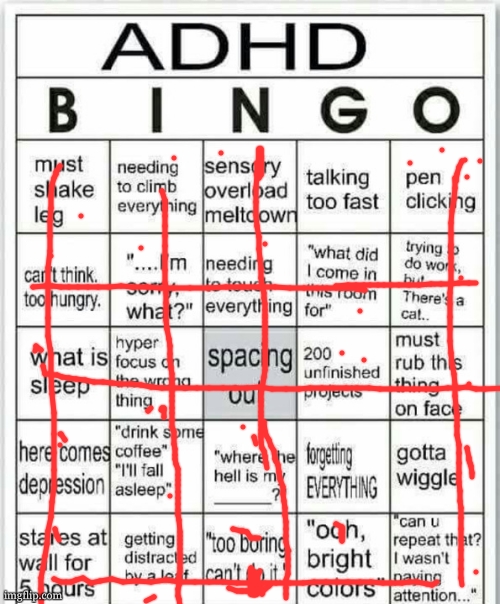 Dude ._. I already knew that I was adhd but like that ._. '_' o-o '-' | image tagged in adhd bingo,dude | made w/ Imgflip meme maker