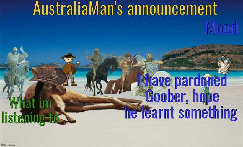 Pardon is technically the official term for unbanning | I have pardoned Goober, hope he learnt something | image tagged in australiaman's true announcement template | made w/ Imgflip meme maker